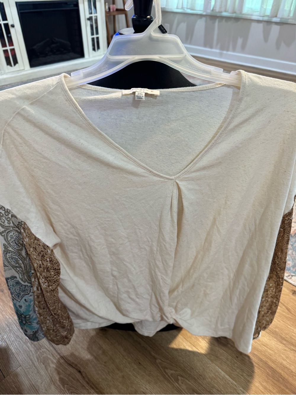 Umgee Cream V-Neck Tunic with Patterned Boho Sleeves